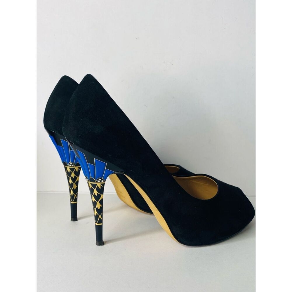 Giuseppe Zanotti Black Suede Pumps with Blue & Gold Patterned Heels